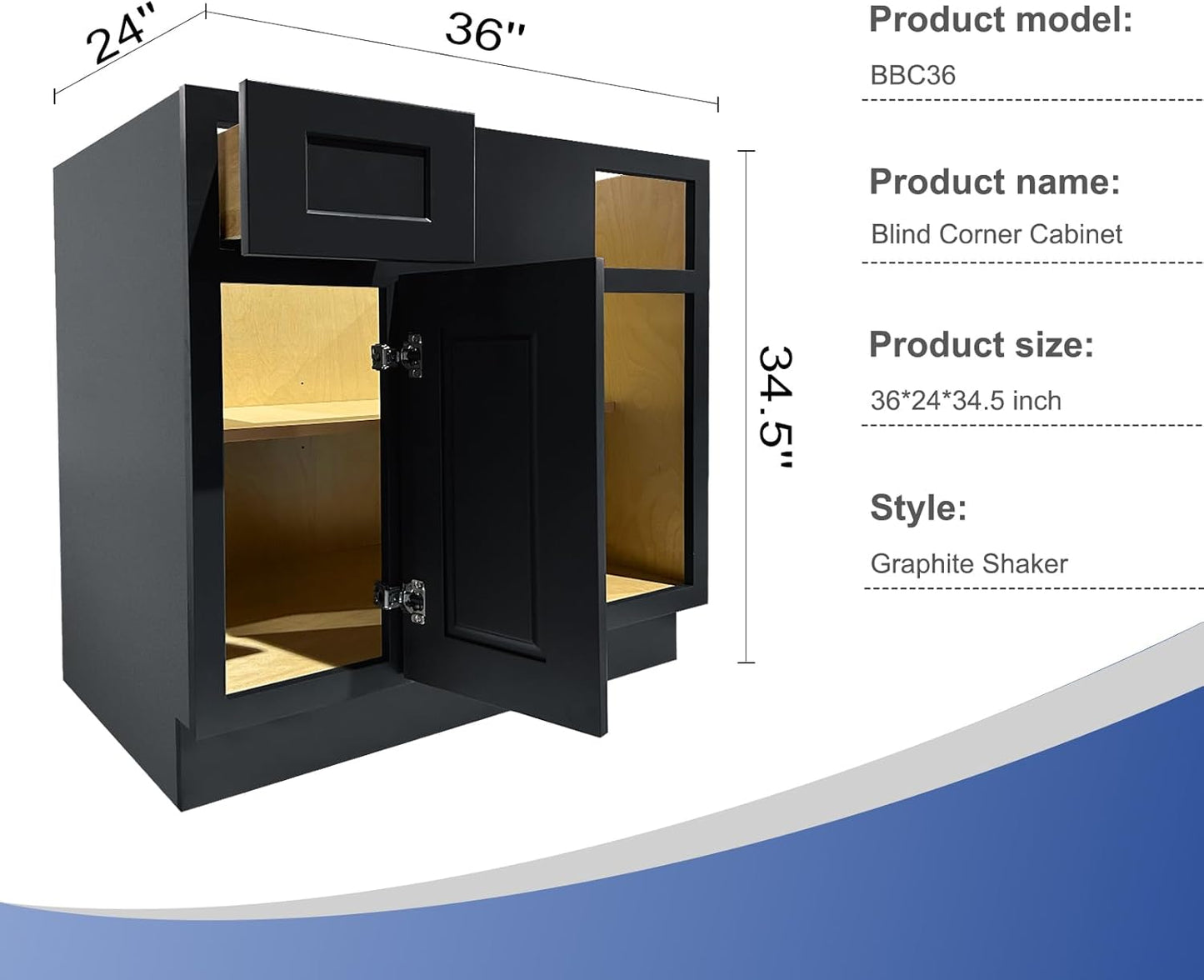 Graphite Shaker Base Blind Cabinets - 1 Door / 1 Drawer / 1 Shelf BBC36-12