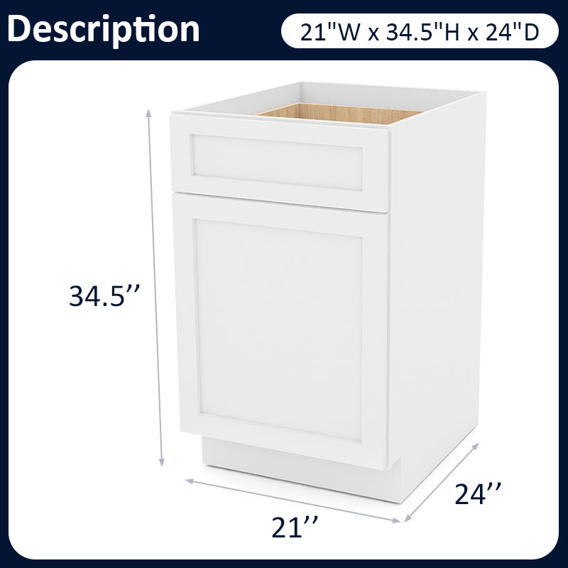 White Shaker Base Cabinets - 1 Door / 1 Drawer / 1 Shelf B21