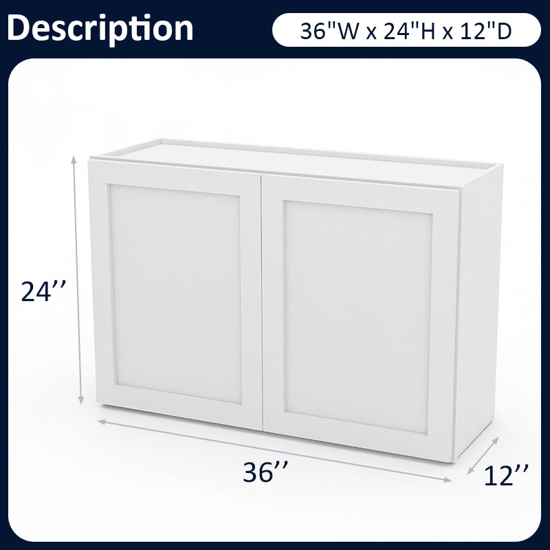 White Shaker Wall Cabinets - 24H x 12D - 2 Doors / 1 Shelf W3624