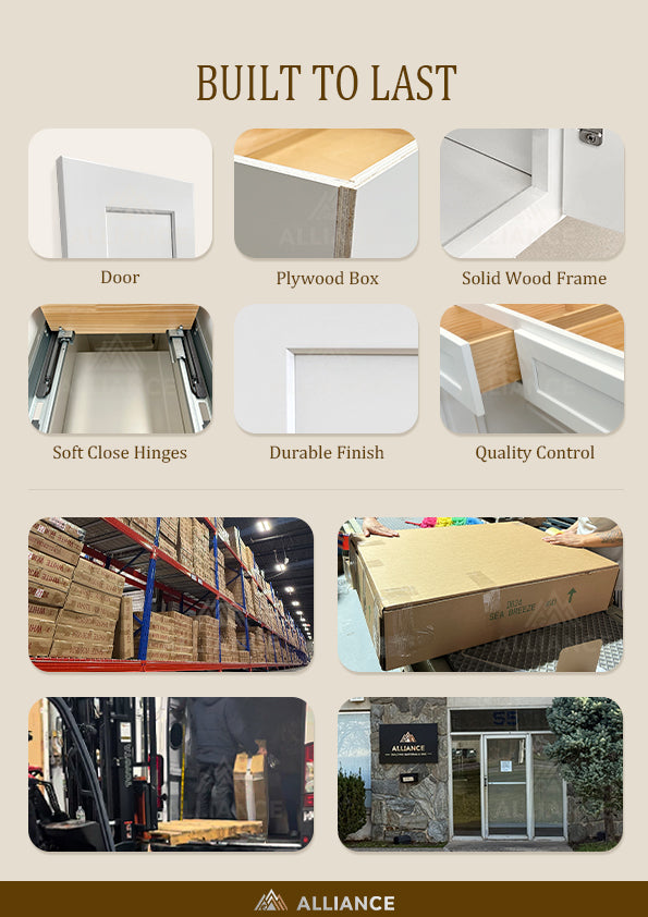 Cabinet construction details including plywood box, soft-close hinges and quality control